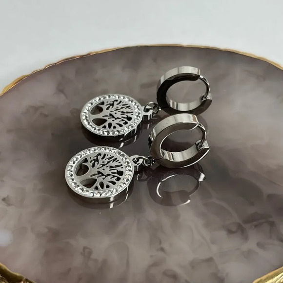 Stainless Steel Silver Plated Cubic Zirconia Tree Earrings - Picture 4 of 5